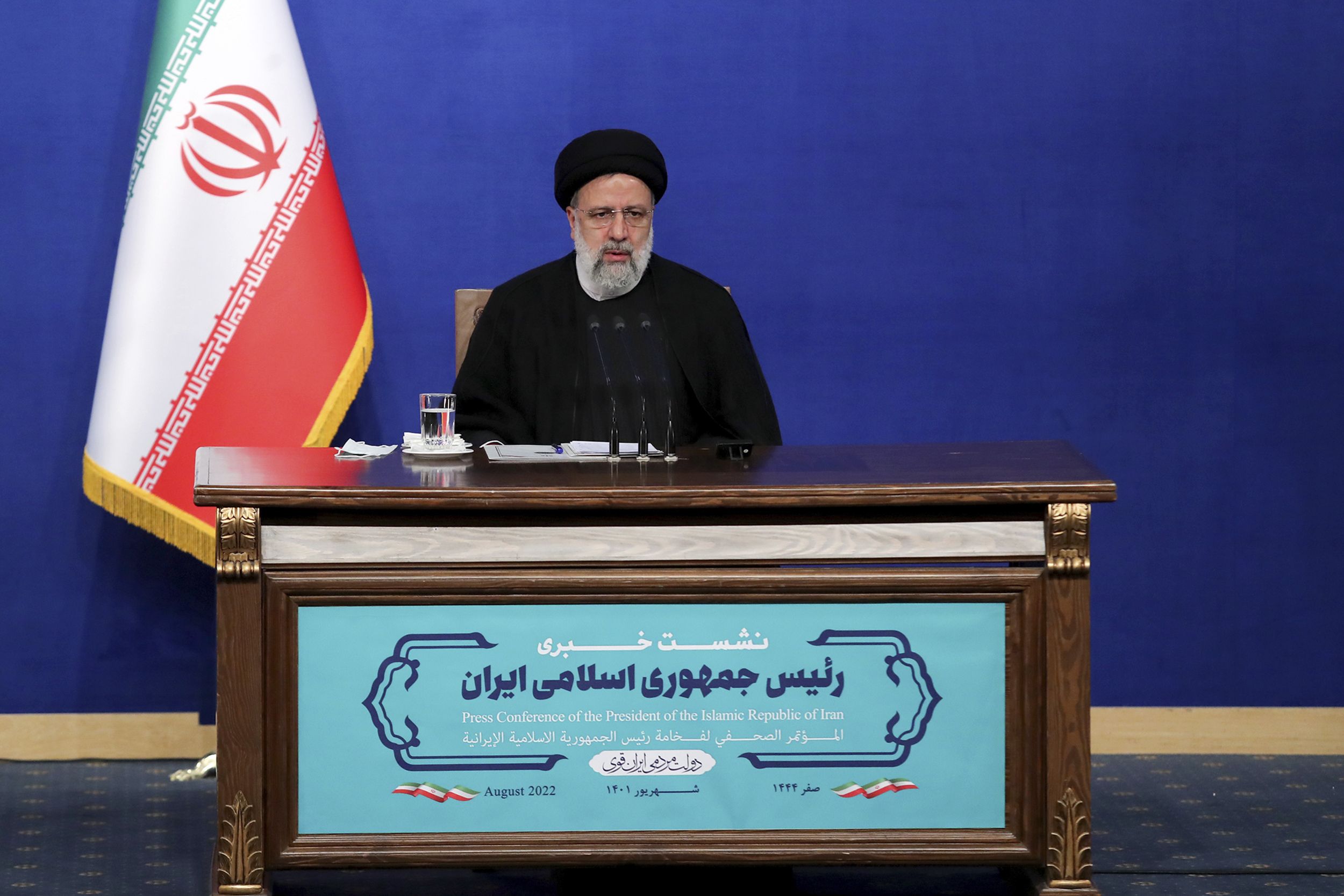 President Ebrahim Raisi speaks during his press conference in Tehran, Iran, Monday, Aug. 29, 2022. Raisi warned that any roadmap to restore Tehran's tattered nuclear deal with world powers must see international inspectors end their probe on man-made uranium particles found at undeclared sites in the country. 